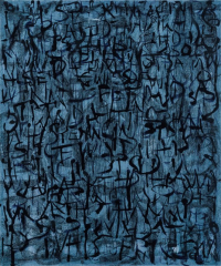 Picture of Whispering Wind 1 watercolour artwork with dark blue background and black abstract lettering.