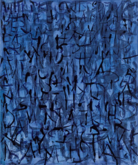 Picture of Whispering Wind 2 watercolour artwork with bright blue background and black abstract lettering.